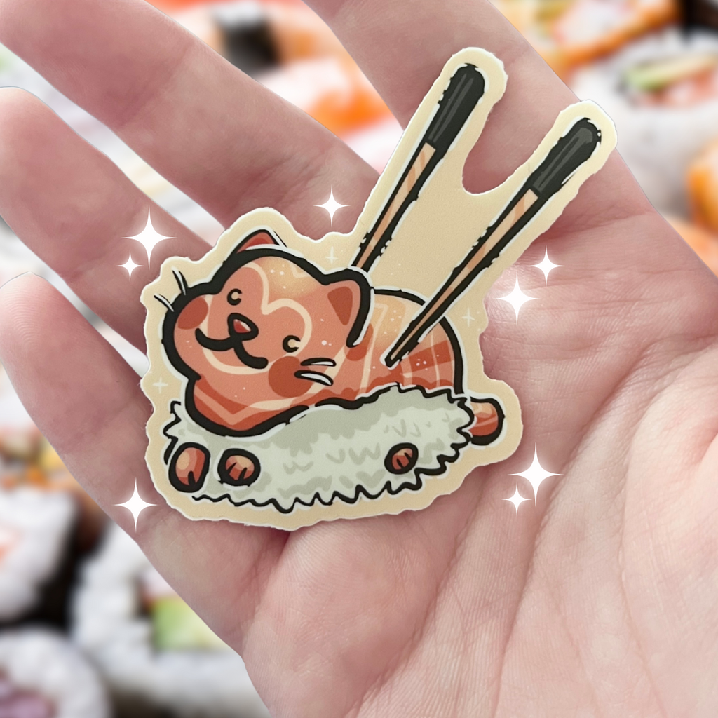 Sticker of a cat on sushi with chopsticks held in a hand, with a blurred food background.