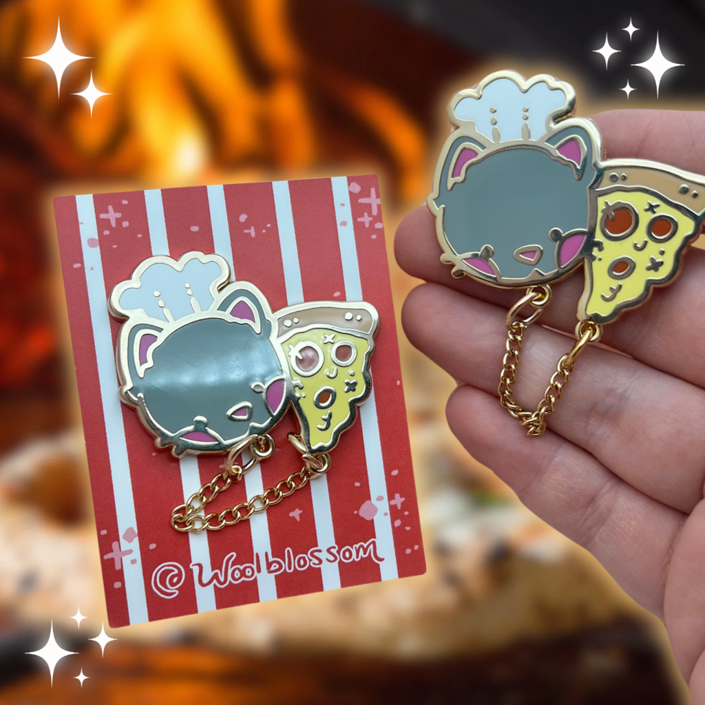 Cheese Pull Pizza Cat ~ Chain Pin Enamel Pin Woolblossom   