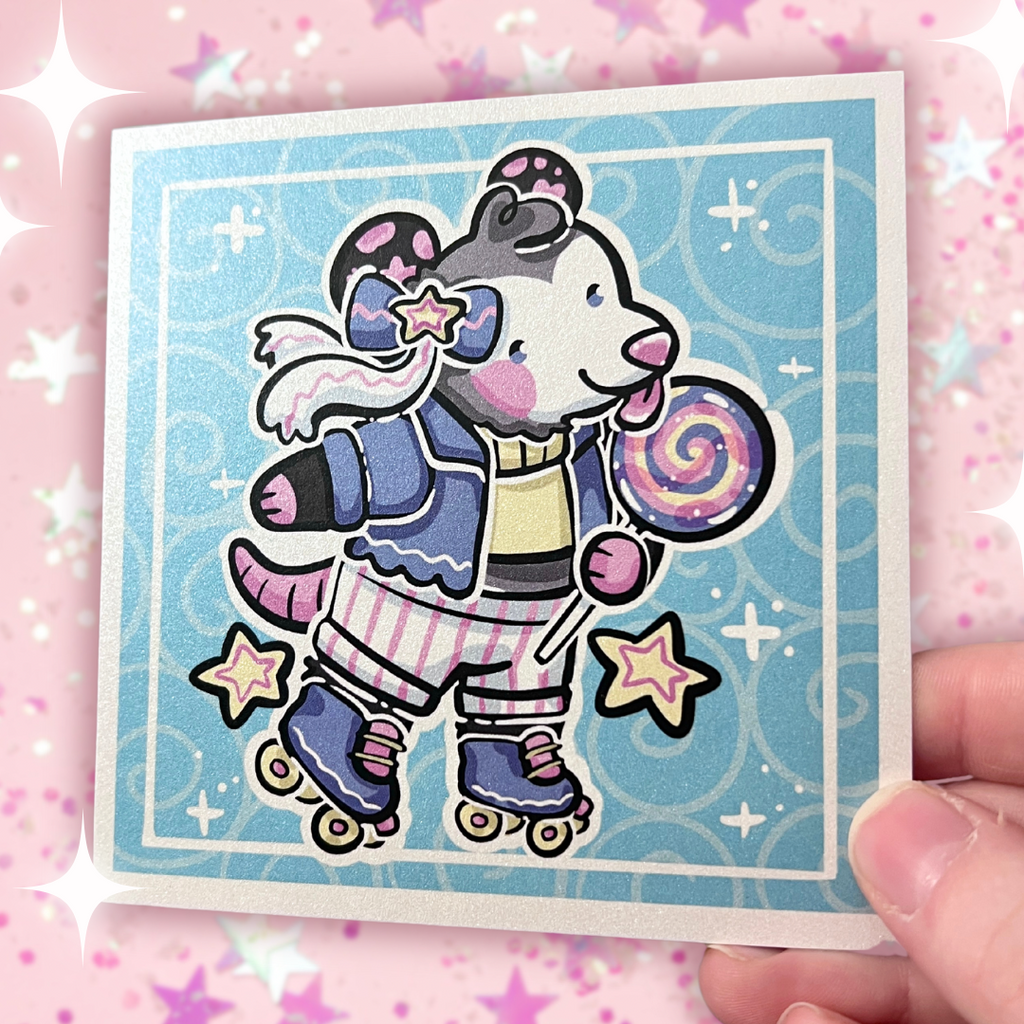 A print of an opossum in a cute outfit, roller skating standing up, with a lollipop in hand 