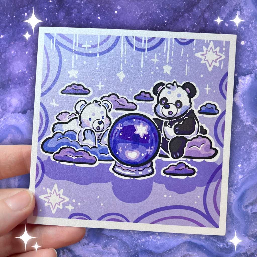 A print of two bears looking into a purple crystal ball