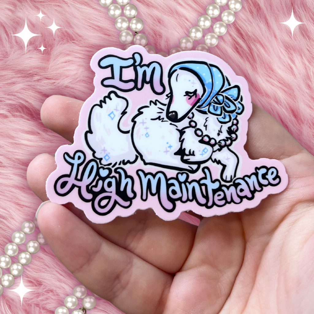 sticker of a white borzoi dog in a scarf headwrap and pearls with the text "I'm high maintenance"