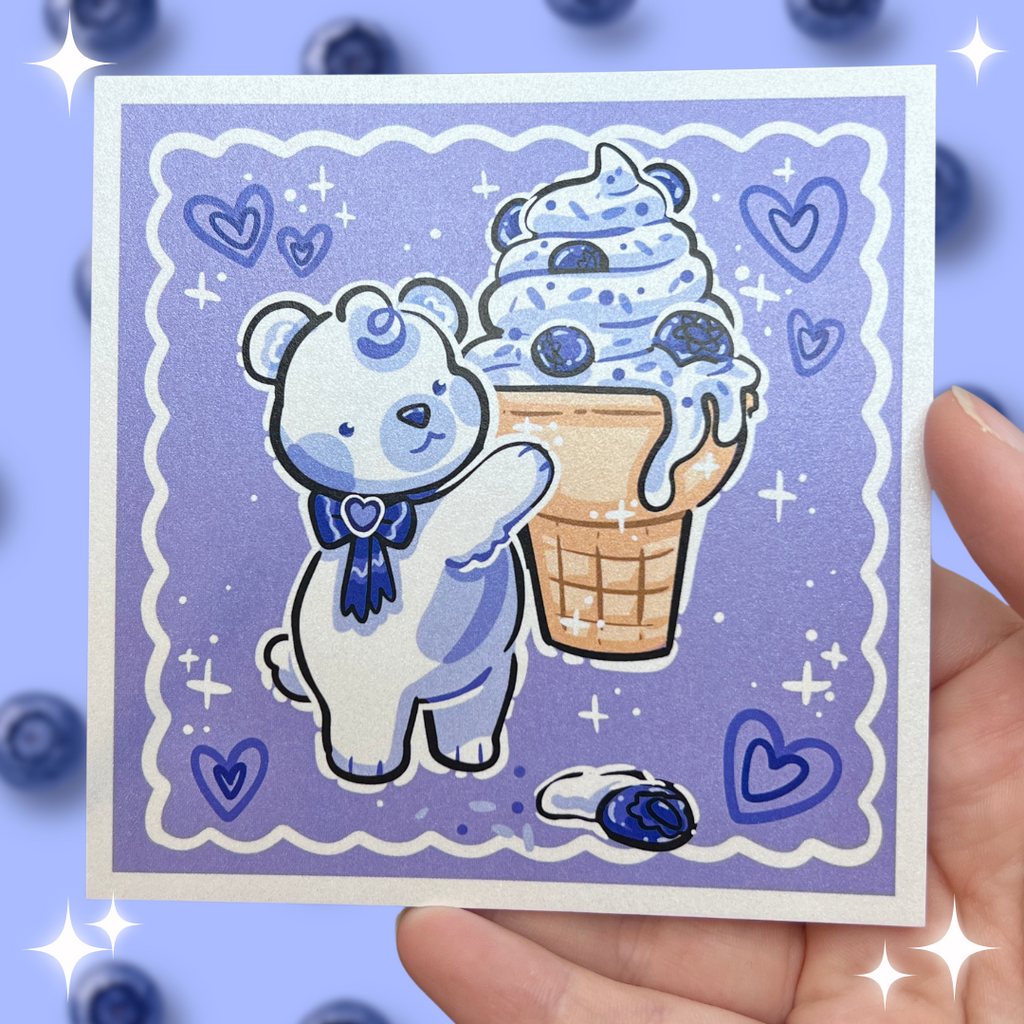 A print of a polar bear holding a blueberry ice cream