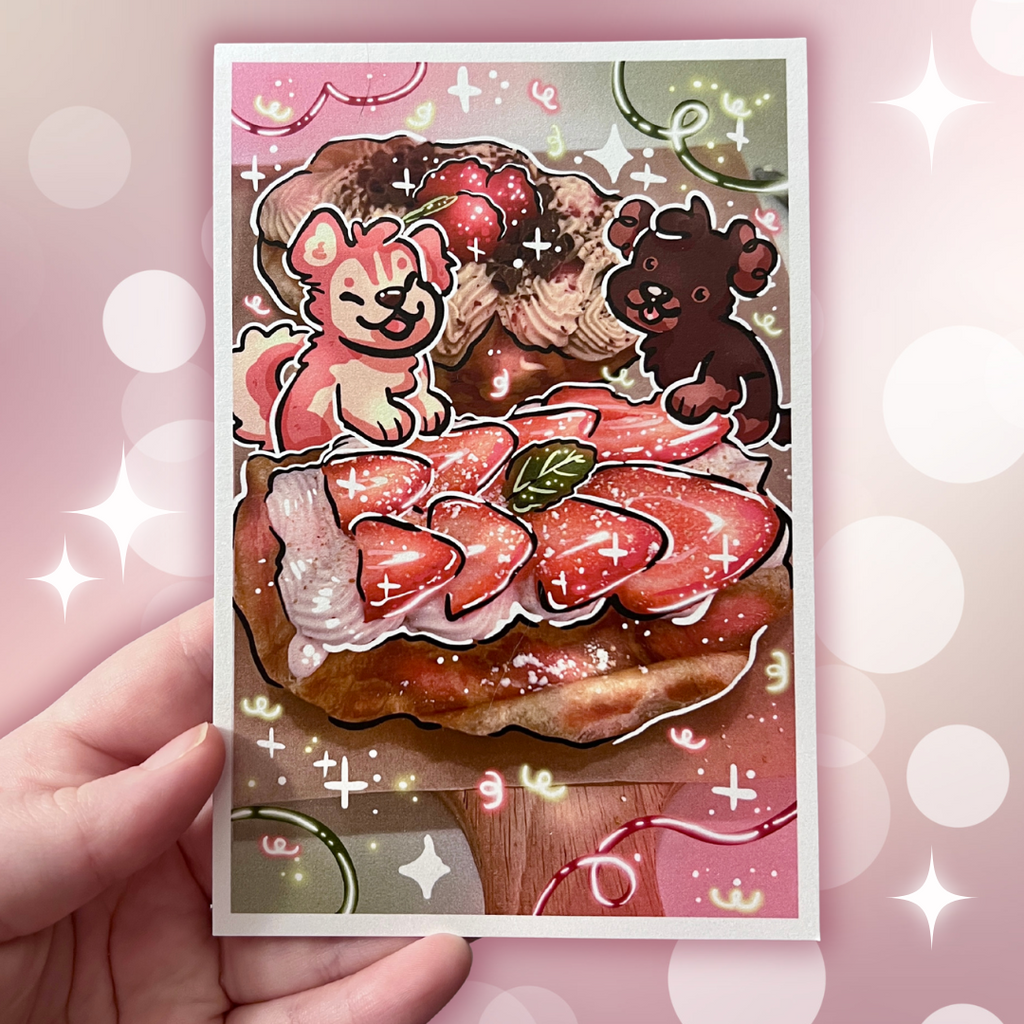 A print that is a draw over of a photo of two waffles with strawberries, the draw over adds sparkles and two dogs sharing them