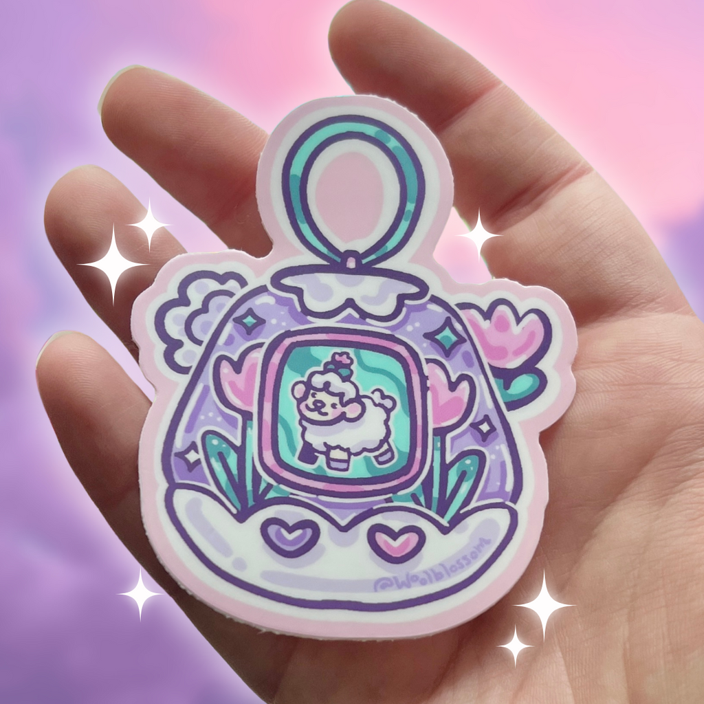 Hand holding a colorful sticker of sprout the sheep in a digital toy