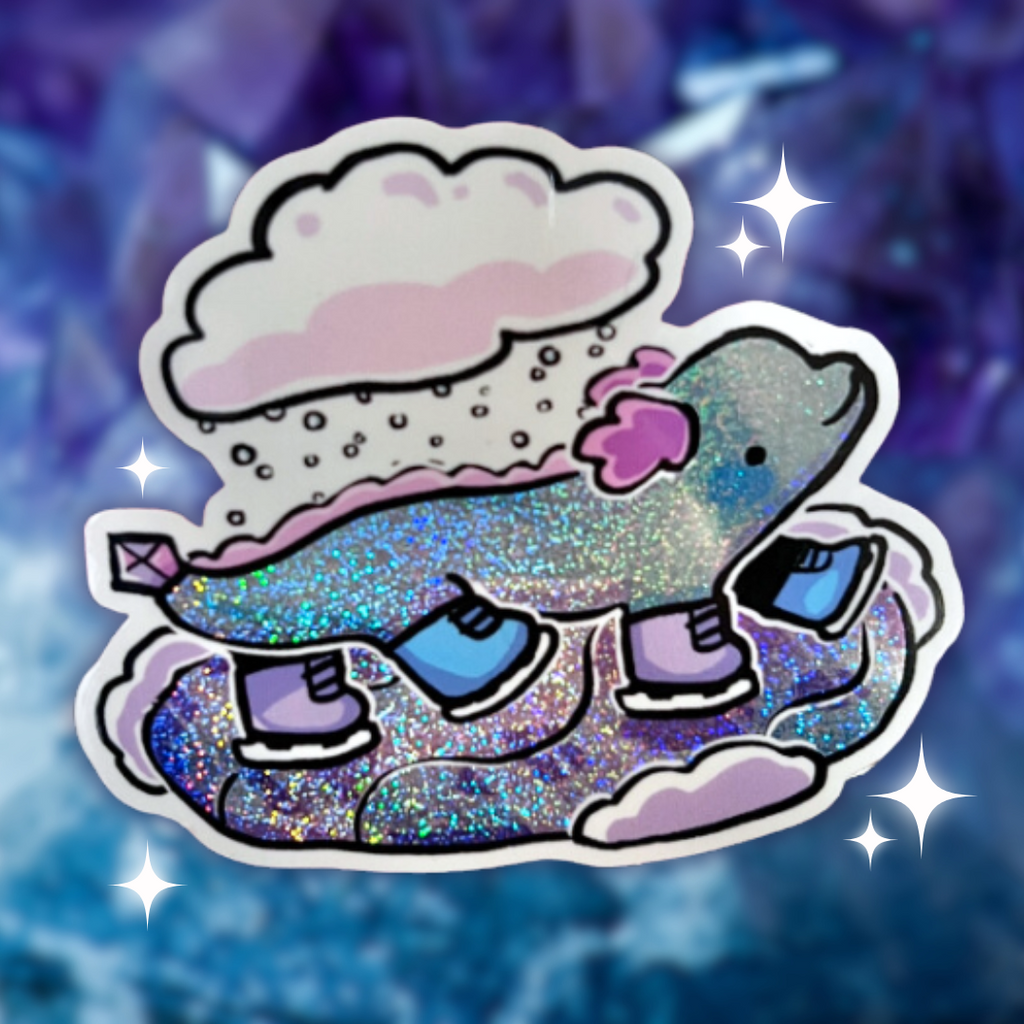 A sticker of a blue wingless dragon with ice skates skating on ice, a cloud of snow above them