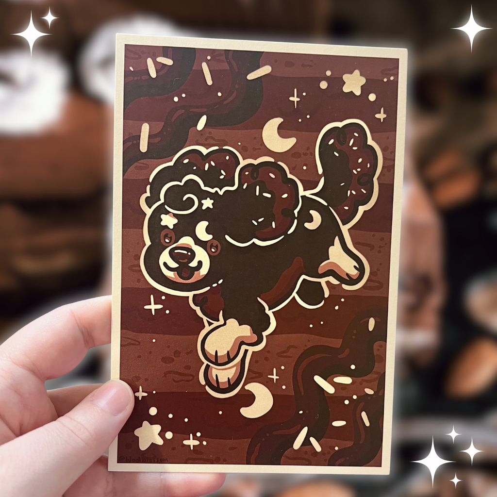 A print of a midnight chocolate cake based puppy, dark brown with cream accents like stars and moons, jumping in front of a pattern that resembles alternating frosting and cake