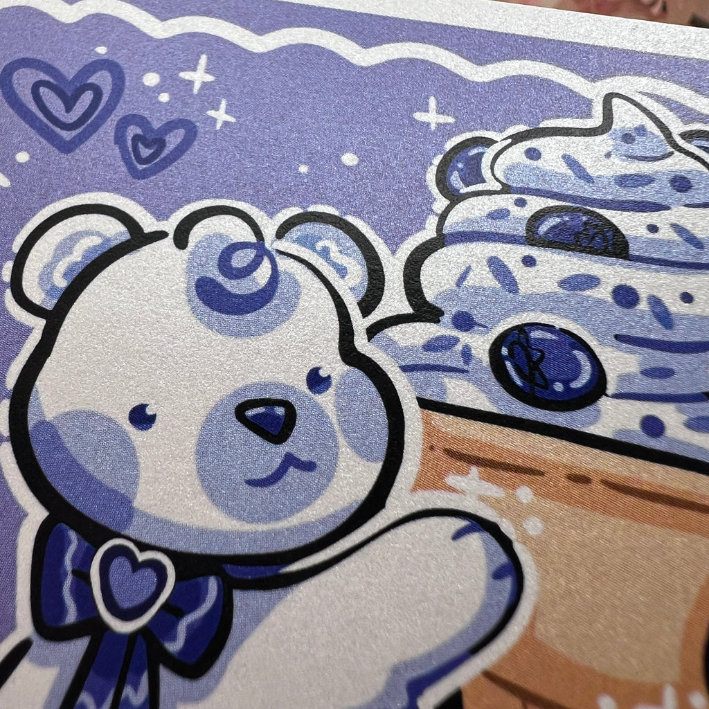 A print of a polar bear holding a blueberry ice cream