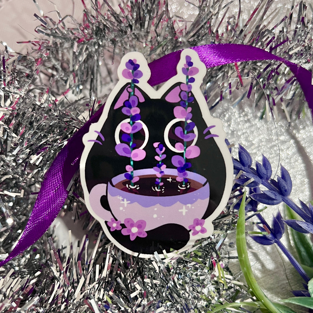 Purple Flower Tea Cat ~ Sticker  Woolblossom   