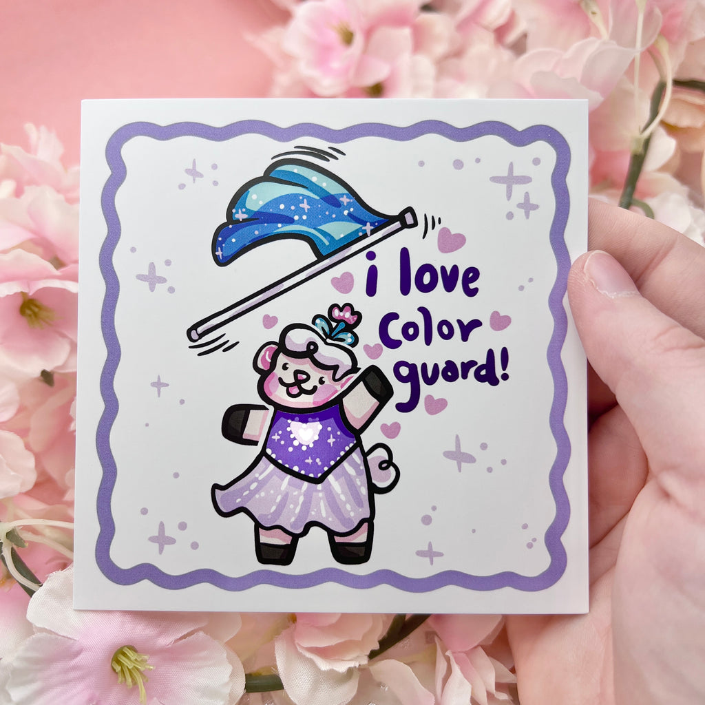 a print of sprout the sheep in a purple dress tossing a blue flag mid-air with the text "I love color guard"