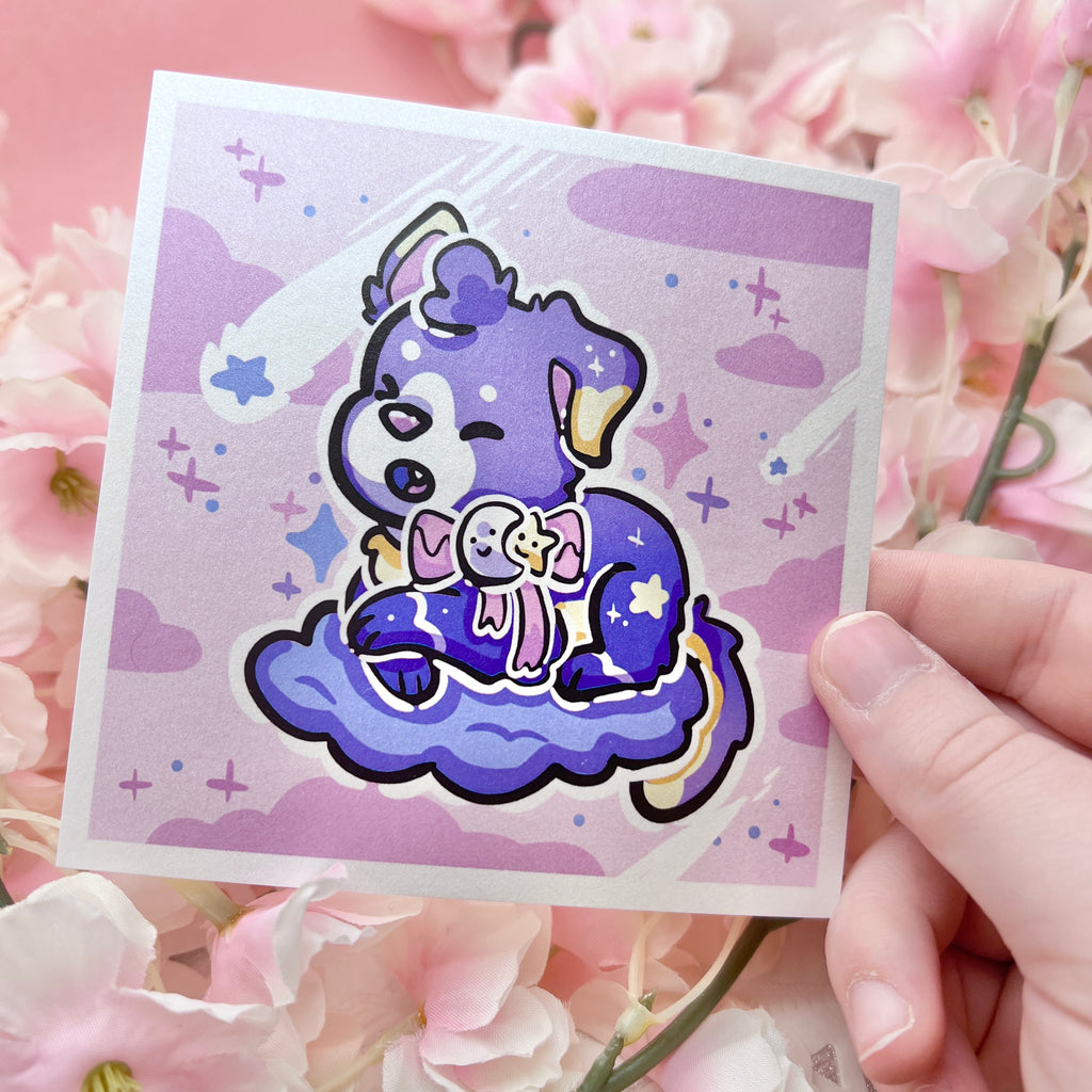 A print of a puppy with a purple gradient skin, moon/star bow, and is on a purple cloud in a purple sky