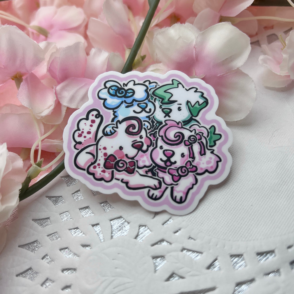 A sticker of 4 peppermint themed puppies