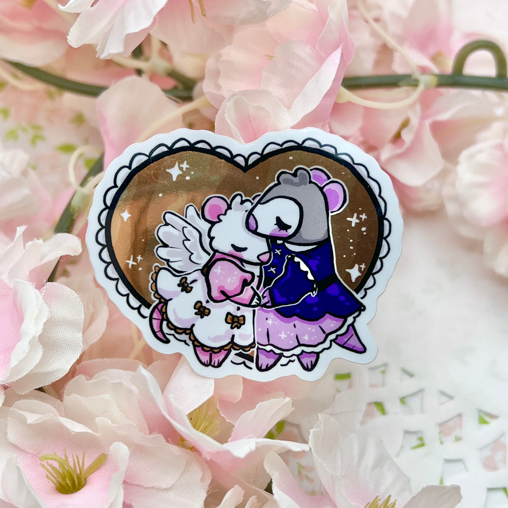 Pastel Lolita Mouse & Goth Lolita Opossum Hug ~ Metallic Sticker Sticker Woolblossom   