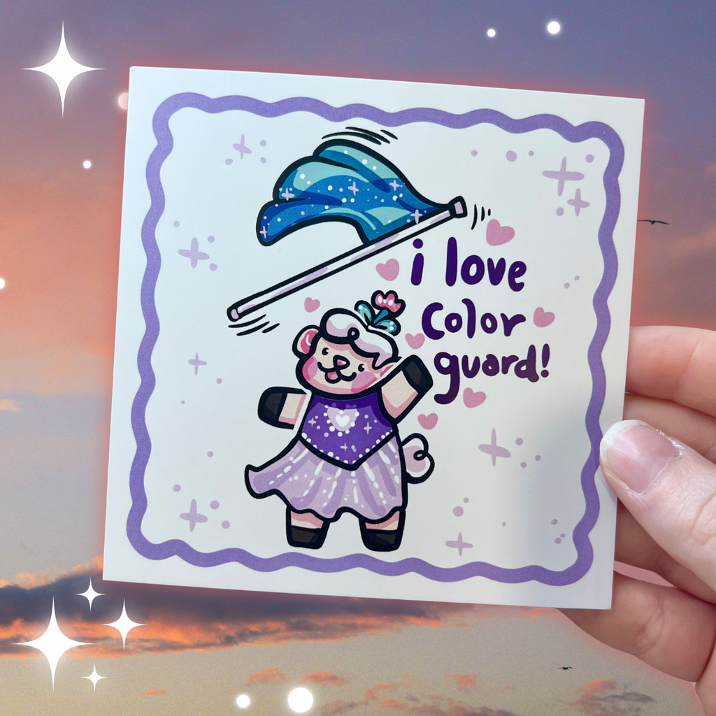 a print of sprout the sheep in a purple dress tossing a blue flag mid-air with the text "I love color guard"