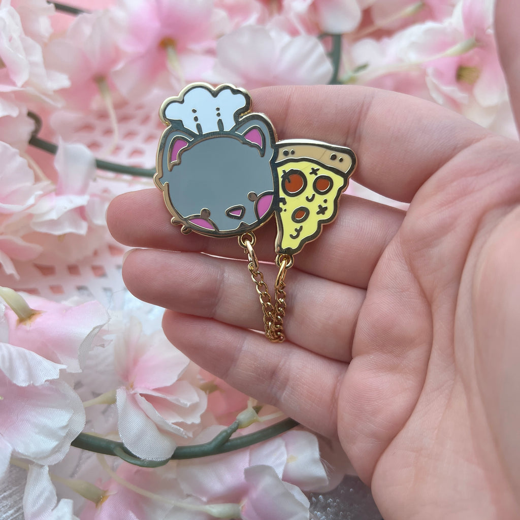 Cheese Pull Pizza Cat ~ Chain Pin Enamel Pin Woolblossom   