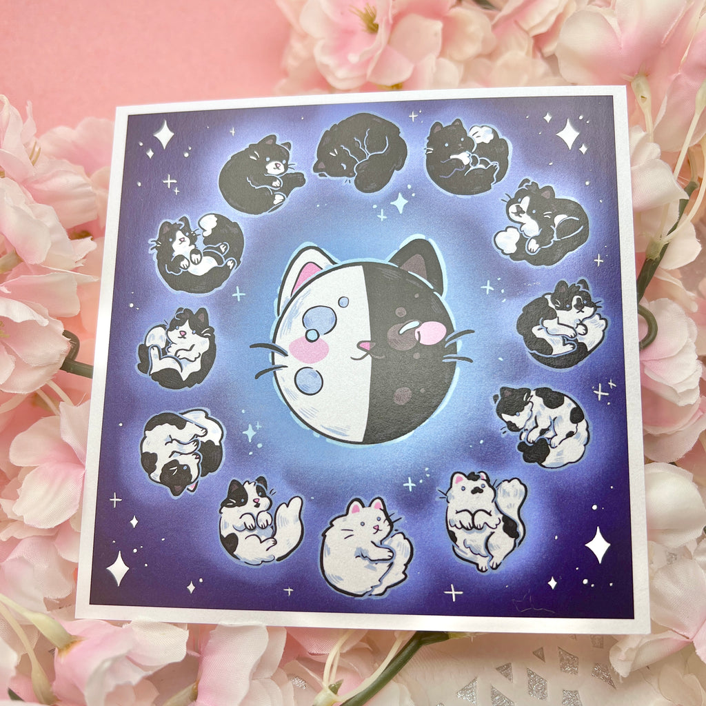  a print of the phases of the moon that are made to look like different black to white cat coats- full moon is all white, quarter is a tuxedo, new moon is all black, etc.