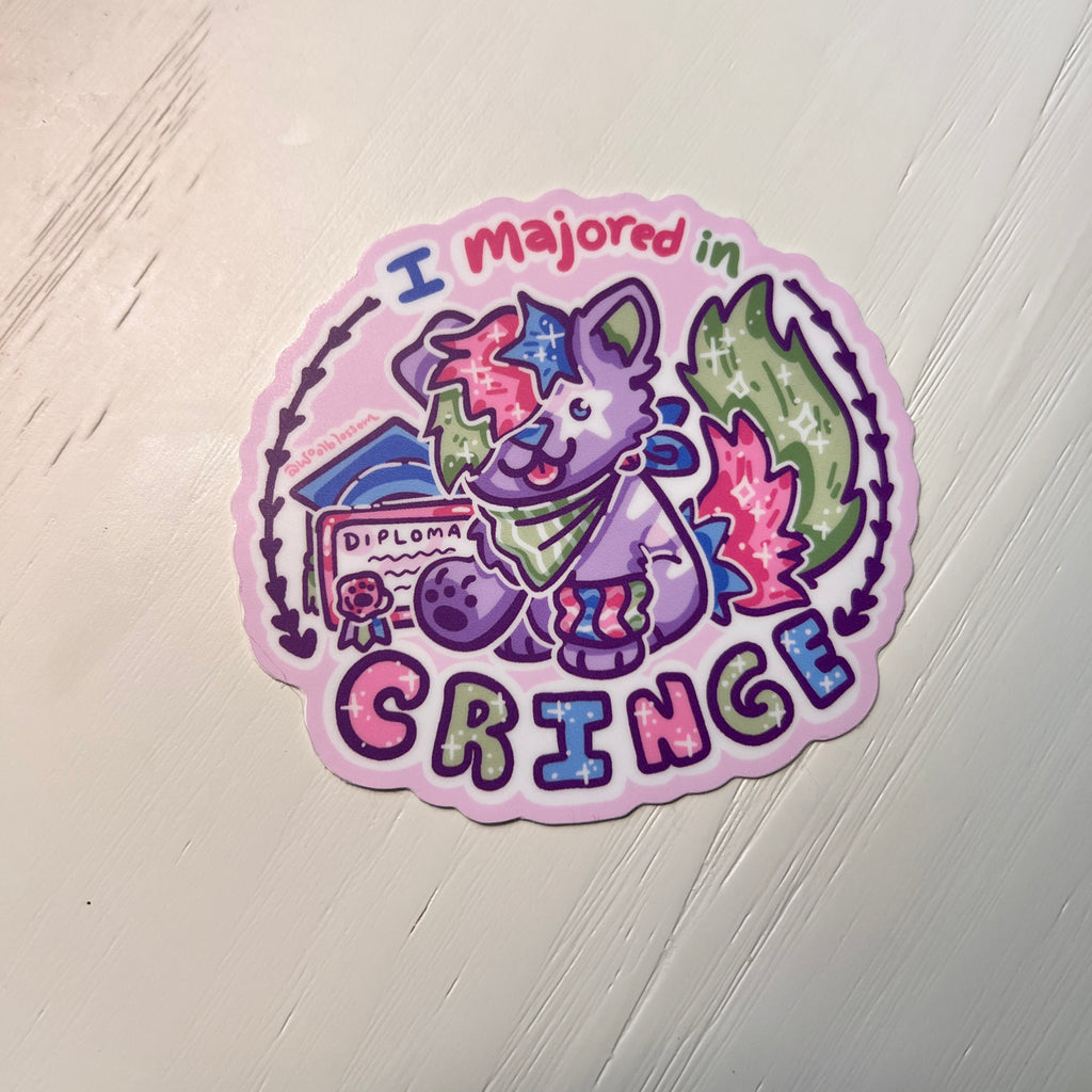 Colorful sticker with a cartoon sparkle dog and text that says "i majored in cringe" against a white background