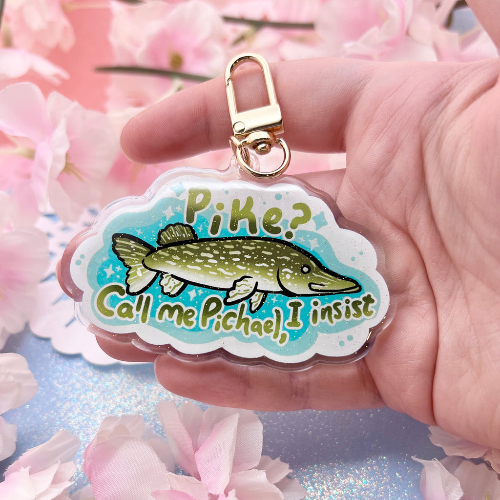 “Pike? Call me Pichael, I insist” Fish ~ Glitter Acrylic Keychain Charm Keychains Woolblossom   