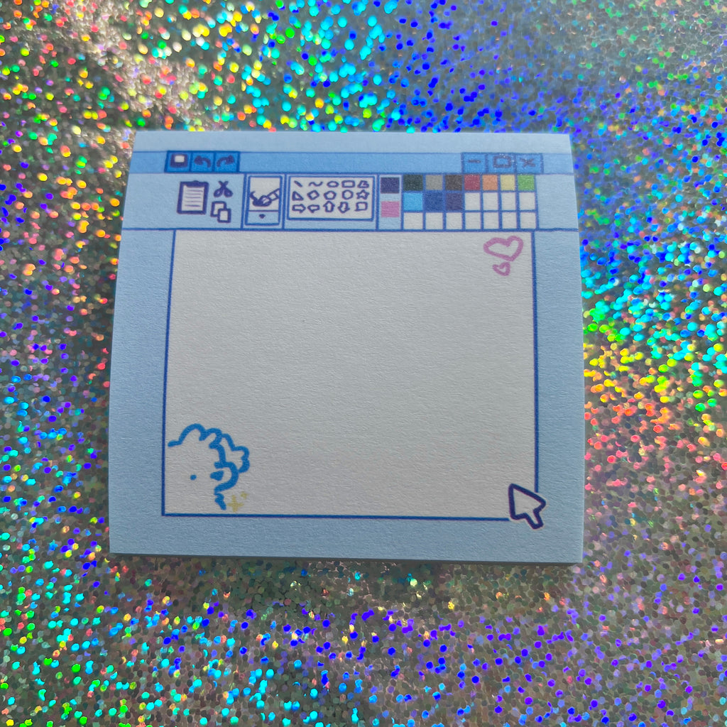 sticky notes that mimic old digital paint programs on glitter background