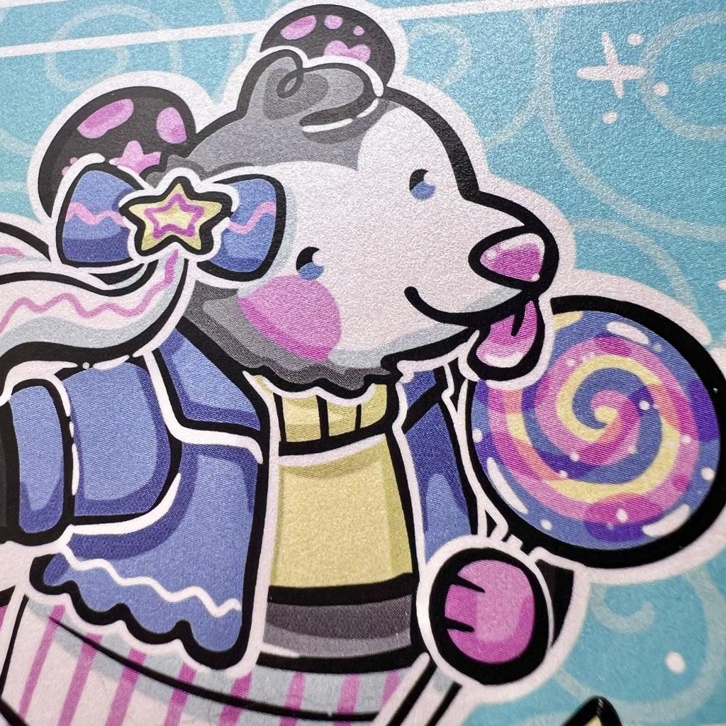 A print of an opossum in a cute outfit, roller skating standing up, with a lollipop in hand 