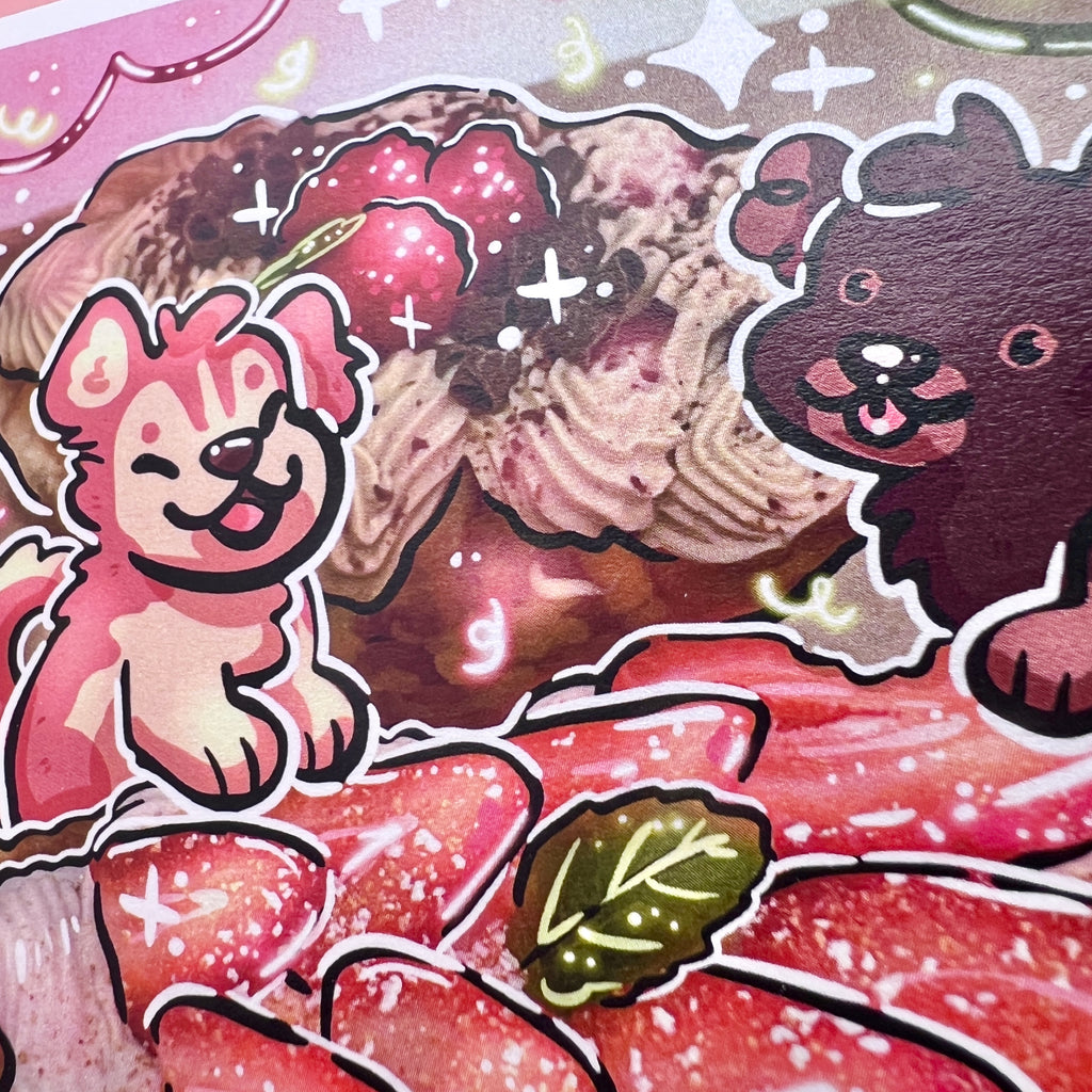 A print that is a draw over of a photo of two waffles with strawberries, the draw over adds sparkles and two dogs sharing them