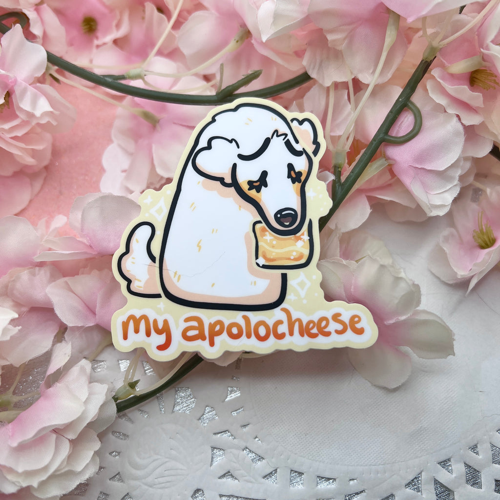 A sticker featuring a VERY sorry borzoi puppy offering a simple slice of cheese to say sorry with text that says "my apolocheese"