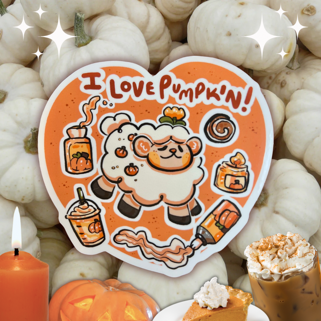 A sticker of a sheep with text that says "i love pumpkin!" and floating pumpkin themed items (candle, cofffee, etc.) all in a heart