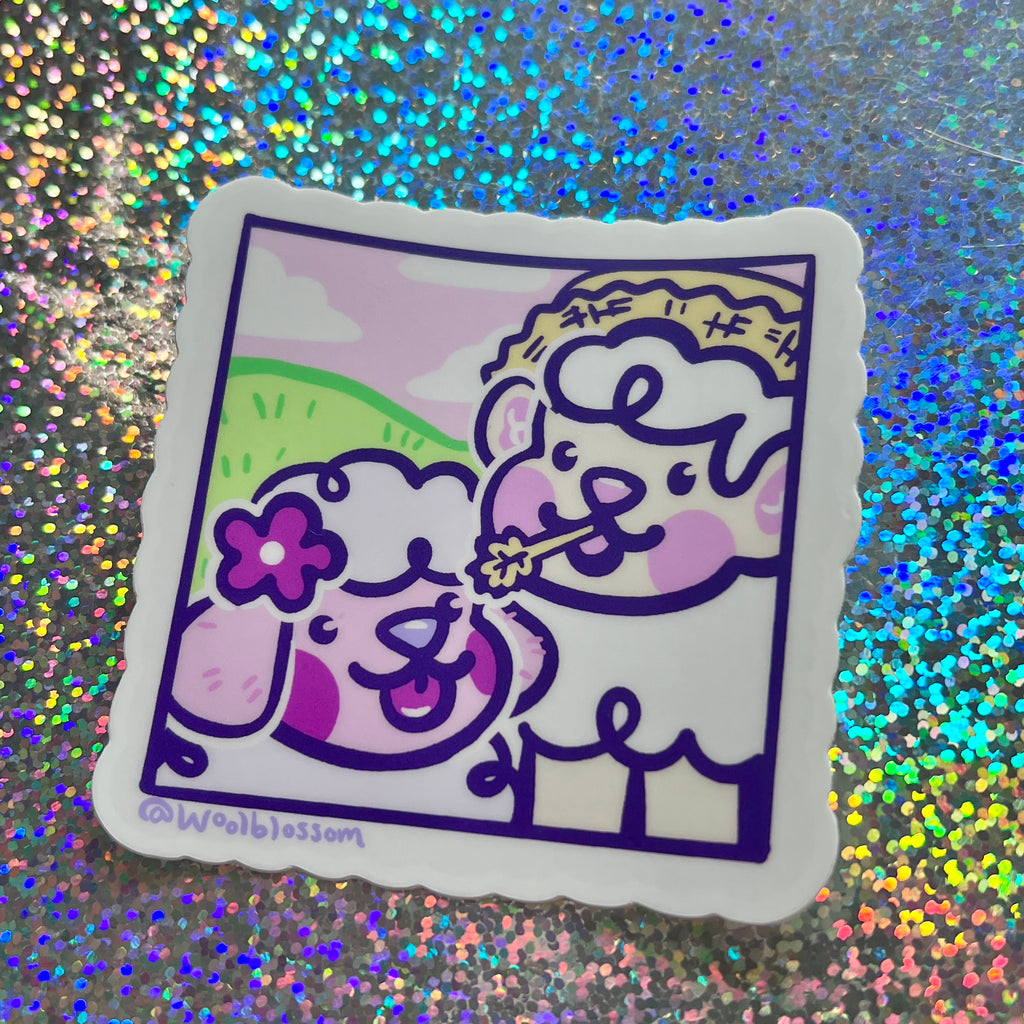 Cartoon sticker of a sheep and dog together on a farm on a glittery background
