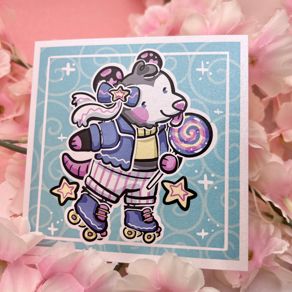 A print of an opossum in a cute outfit, roller skating standing up, with a lollipop in hand 