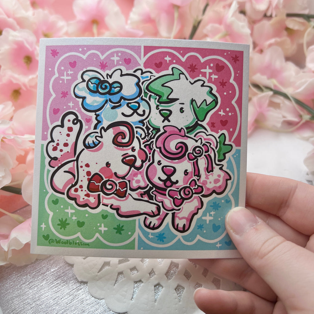 A sticker of 4 peppermint themed puppies