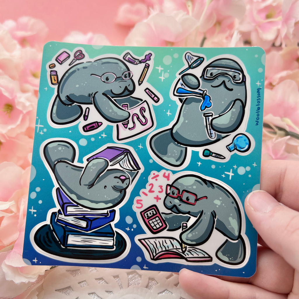 a sticker sheet Featuring four adorable manatees, each representing a different school subject—art, English, science, and math