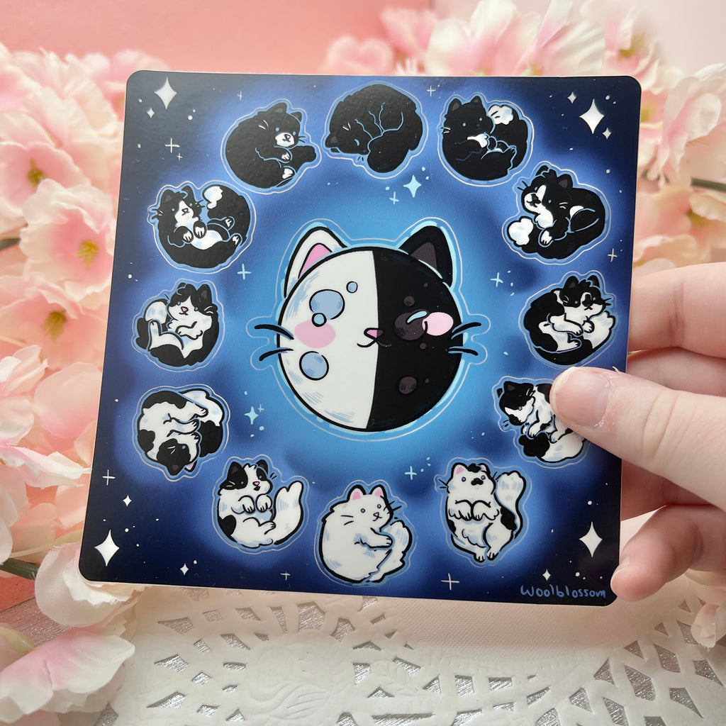  a sticker sheet of the phases of the moon that are made to look like different black to white cat coats- full moon is all white, quarter is a tuxedo, new moon is all black, etc.