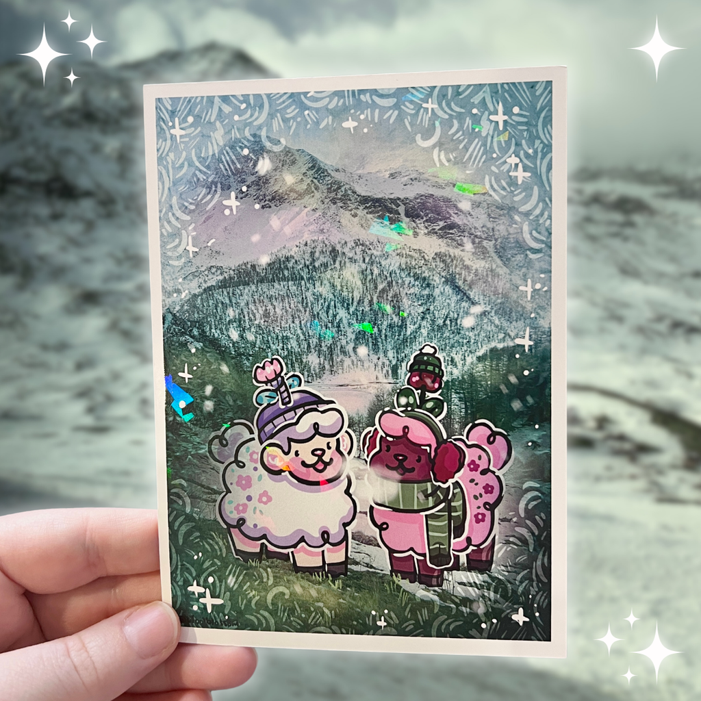 A print of a photo of snowy swiss alps that's been slightly drawn over and edited, with sprout the sheep and tulip the sheep, girlfriends, standing together in winter clothes as if it is a vacation photograph