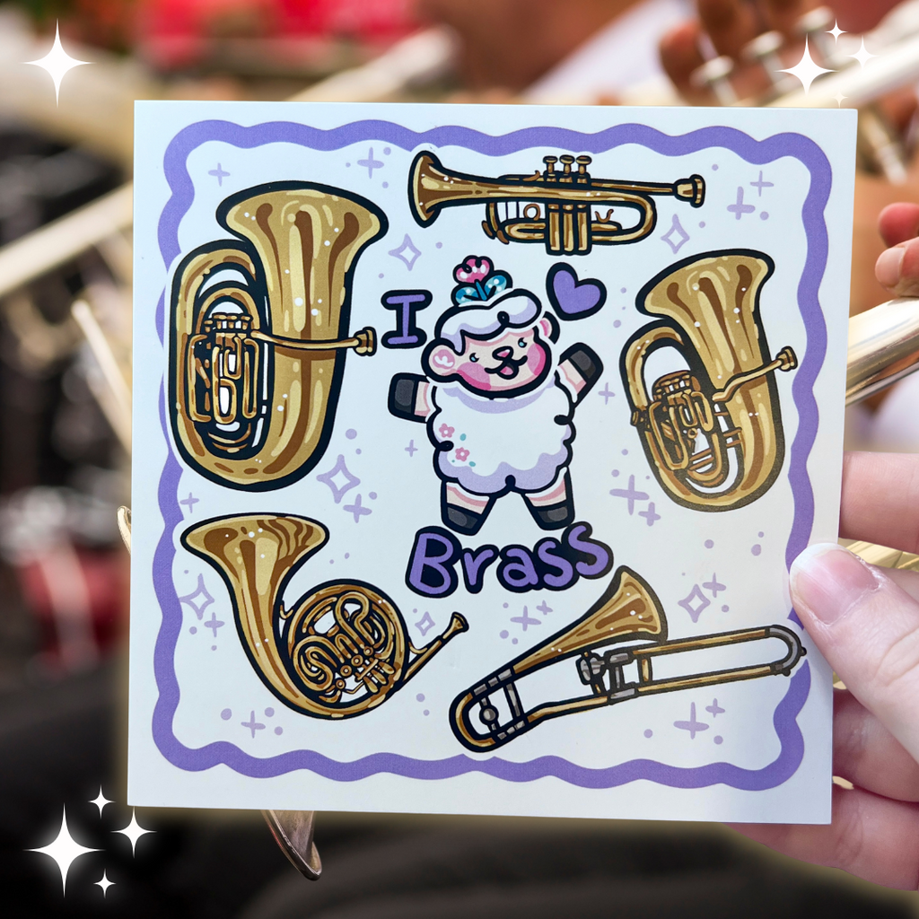 a print of a sheep with the text "I heart brass" and five instruments floating around them (tuba, trumpet, euphonium, trombone, and french horn)