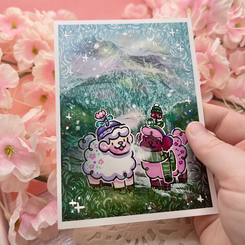 A print of a photo of snowy swiss alps that's been slightly drawn over and edited, with sprout the sheep and tulip the sheep, girlfriends, standing together in winter clothes as if it is a vacation photograph