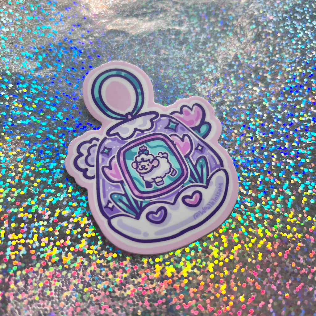 Sticker of a sticker of sprout the sheep in a digital toy against a glittery background on a glittery background