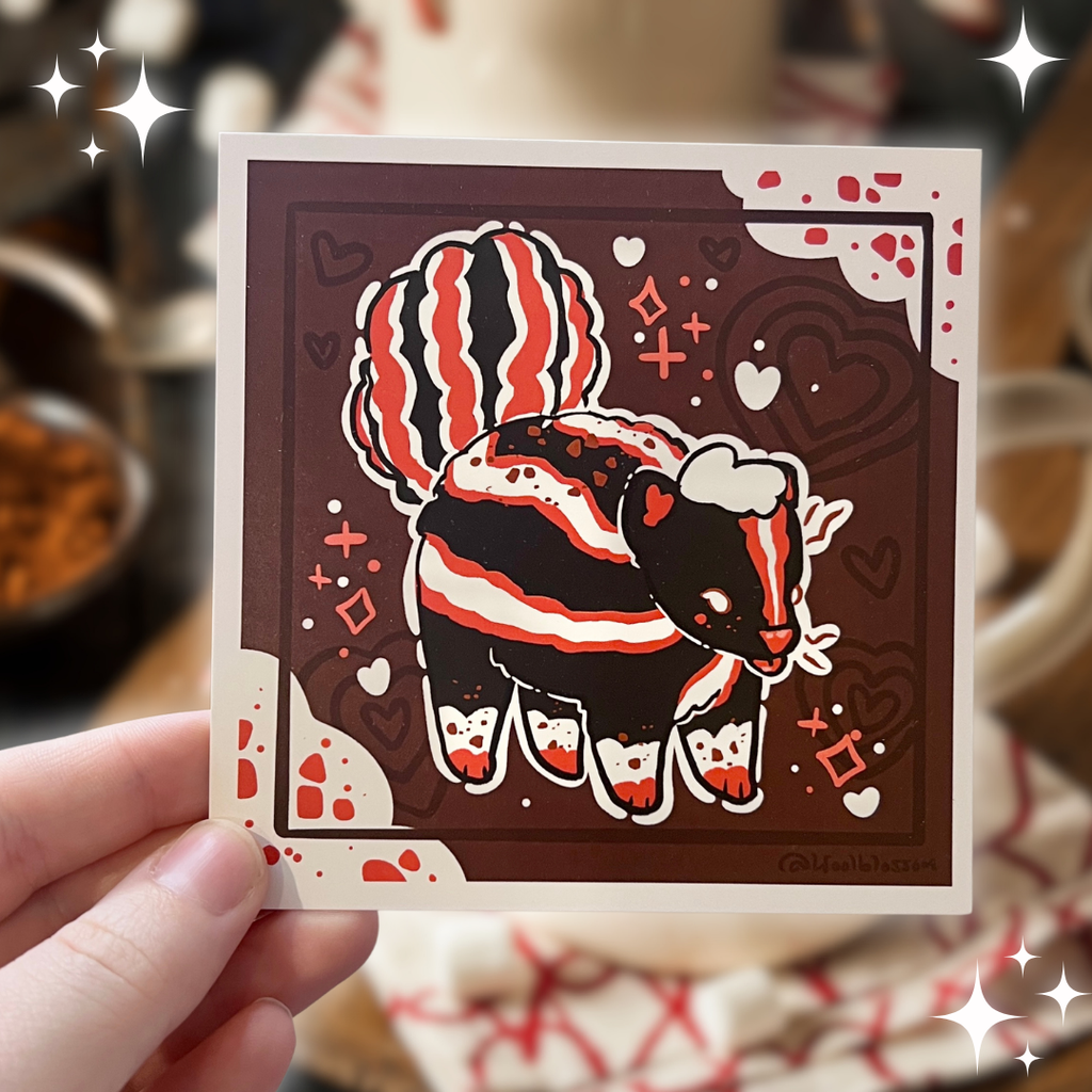 A print of a mostly normal skunk with red accents and chocolate spots, in front of a chocolate background