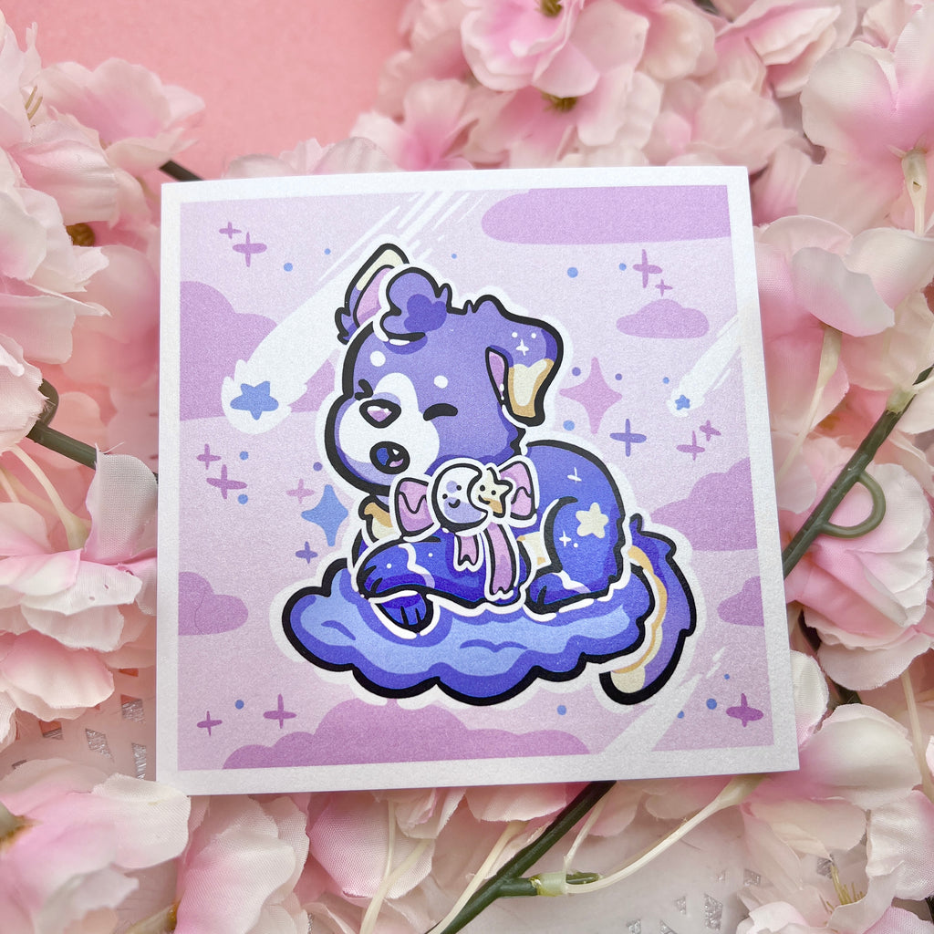 A print of a puppy with a purple gradient skin, moon/star bow, and is on a purple cloud in a purple sky