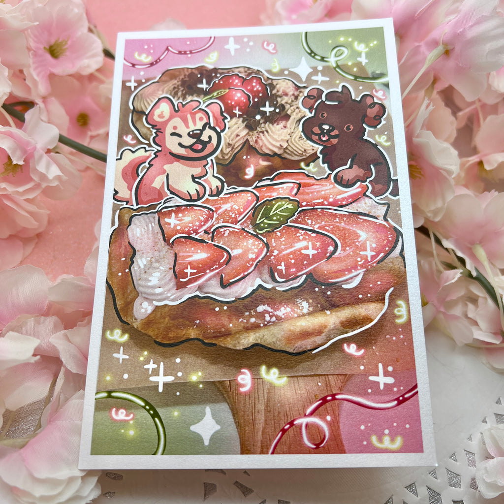 A print that is a draw over of a photo of two waffles with strawberries, the draw over adds sparkles and two dogs sharing them