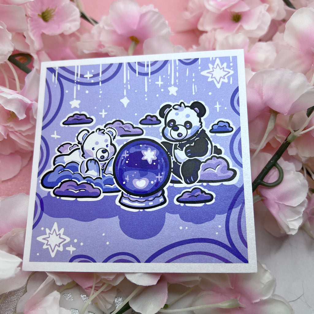 A print of two bears looking into a purple crystal ball