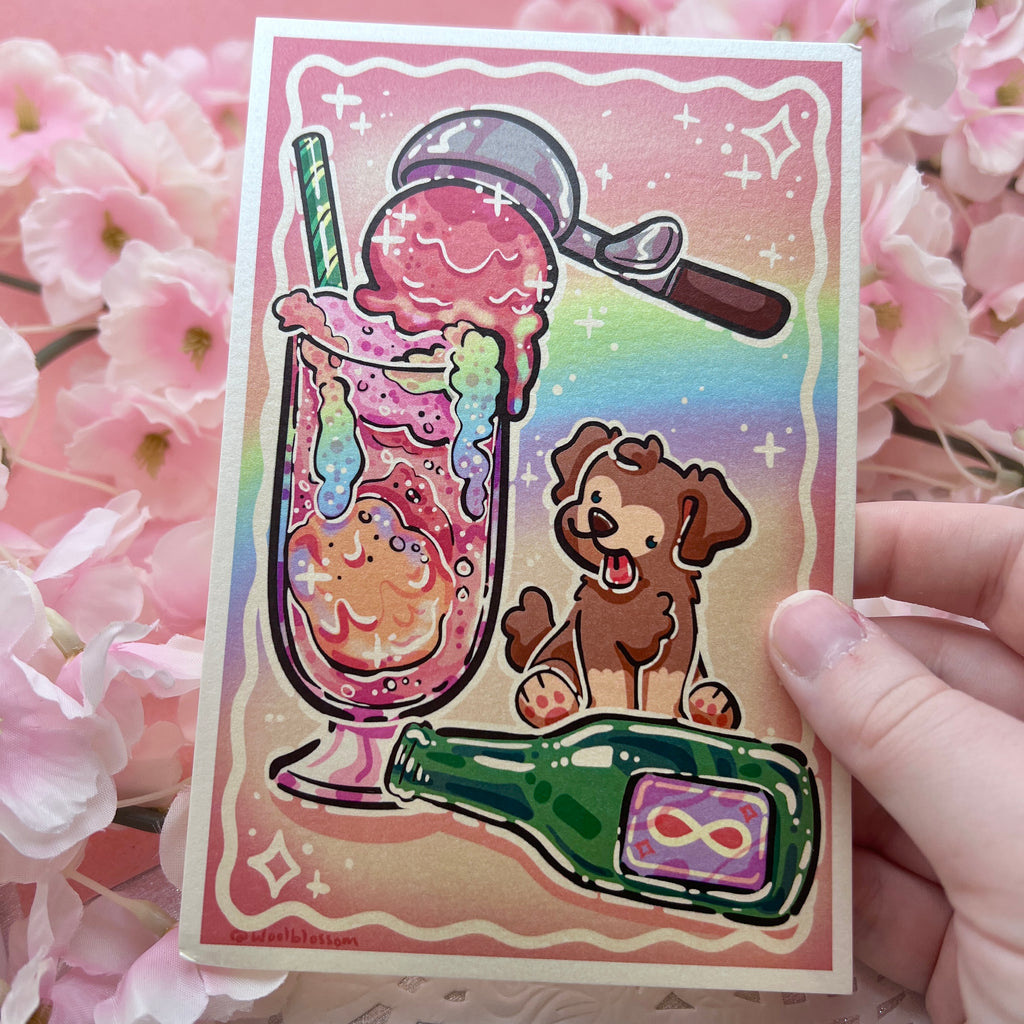 A cream print of a cute brown dog next to a rainbow ice cream soda float, rainbow in the background, and a green "8" soda bottle