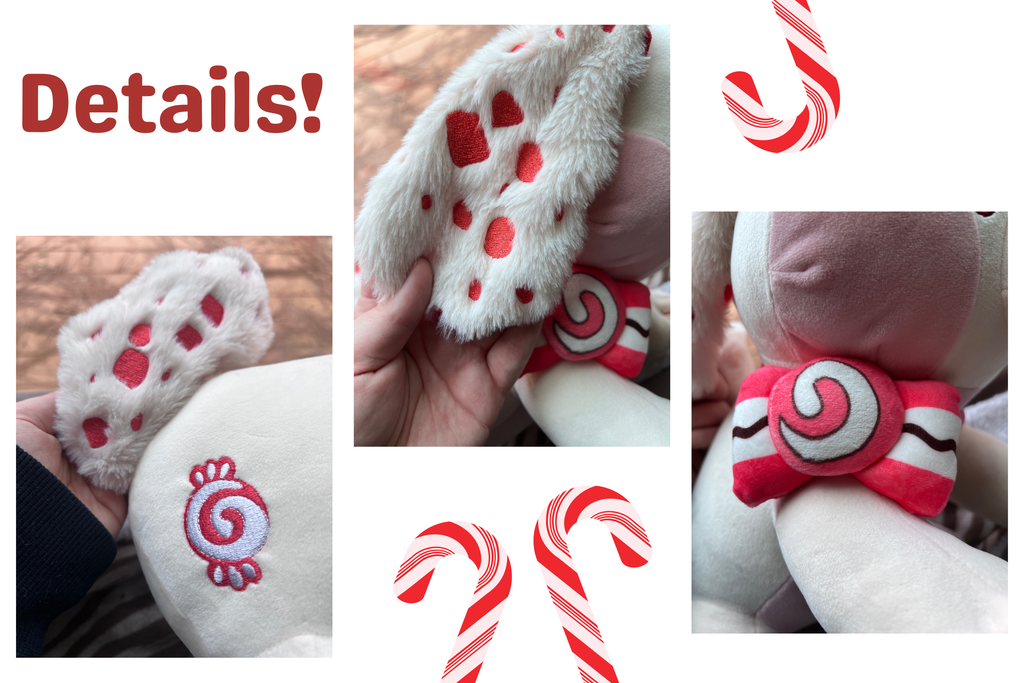 graphic showing candy the peppermint puppy who is white and red in detail shots