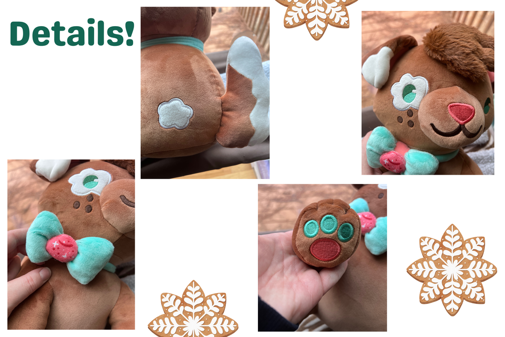 graphic showing clove the gingerbread puppy who is  brown and white in detail shots