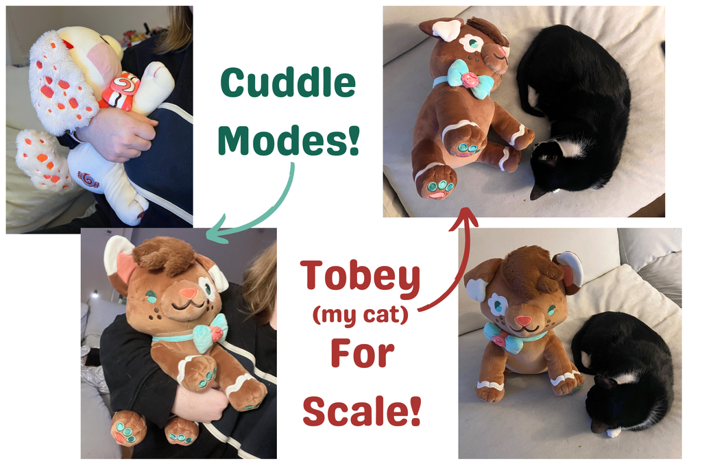 graphic showing the plush with a cat for scale and cuddling