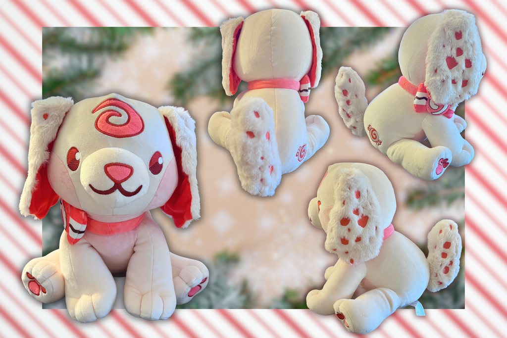 graphic showing candy the peppermint puppy who is white and red in various angles