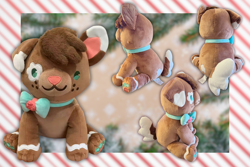 graphic showing clove the gingerbread puppy who is  brown and white from various angles