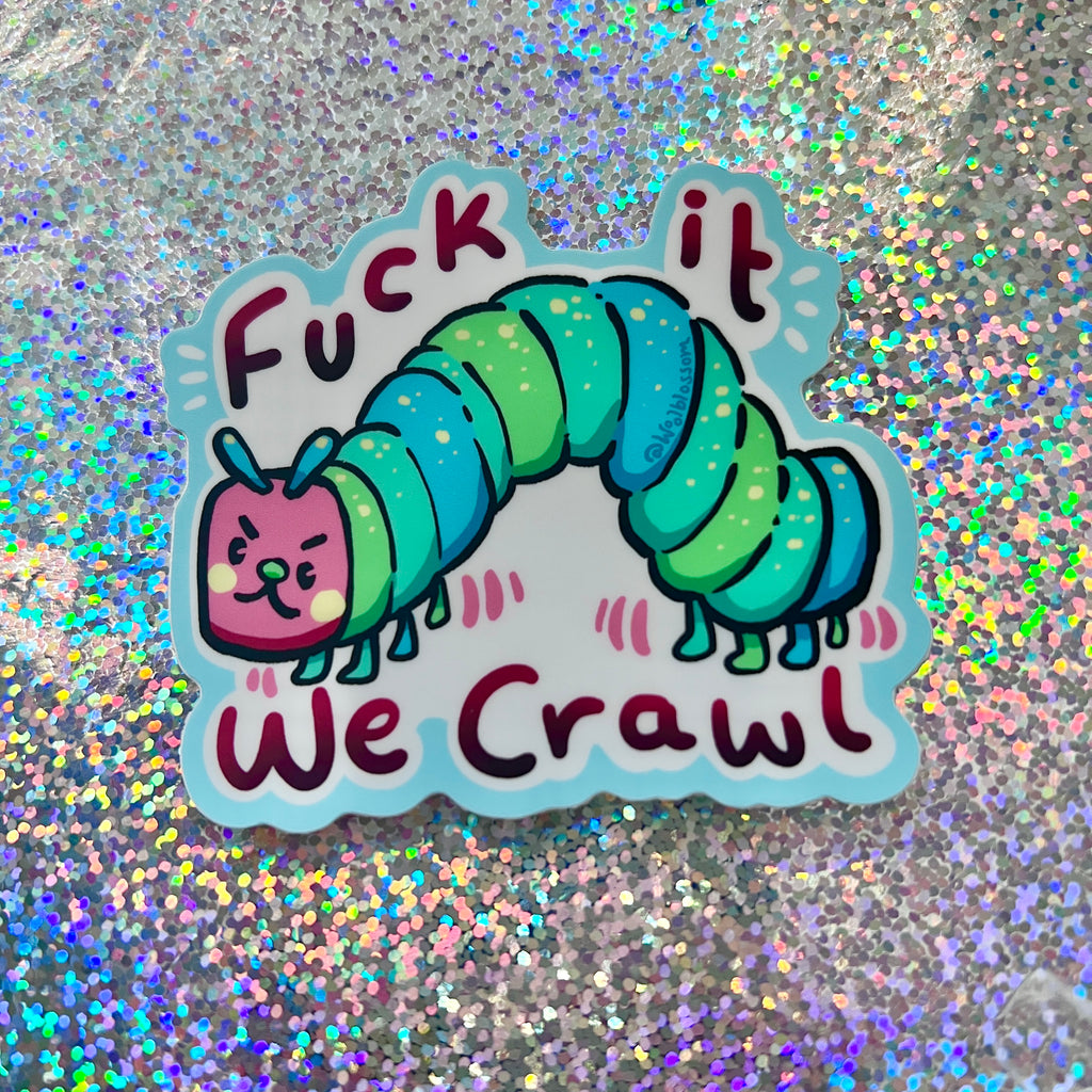 Sticker with a caterpillar design and text on a glittery background