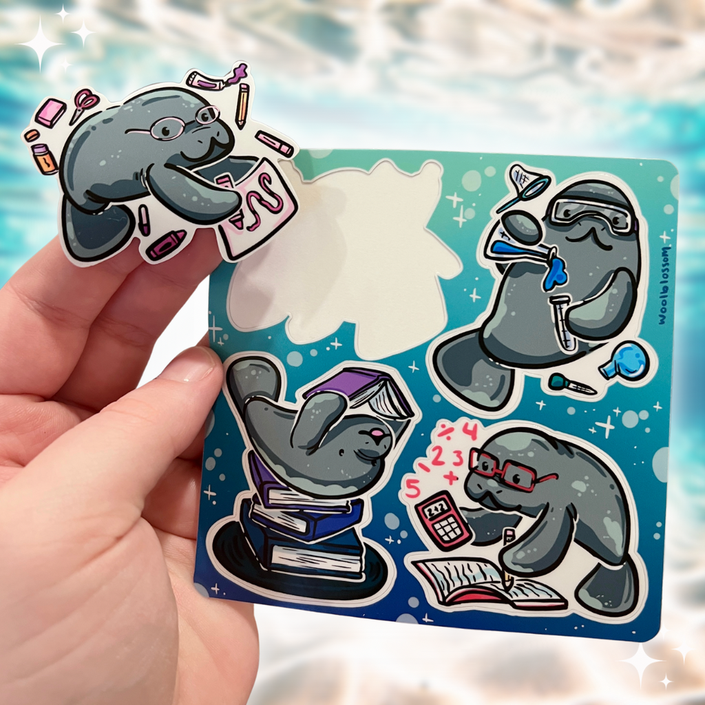 a sticker sheet Featuring four adorable manatees, each representing a different school subject—art, English, science, and math