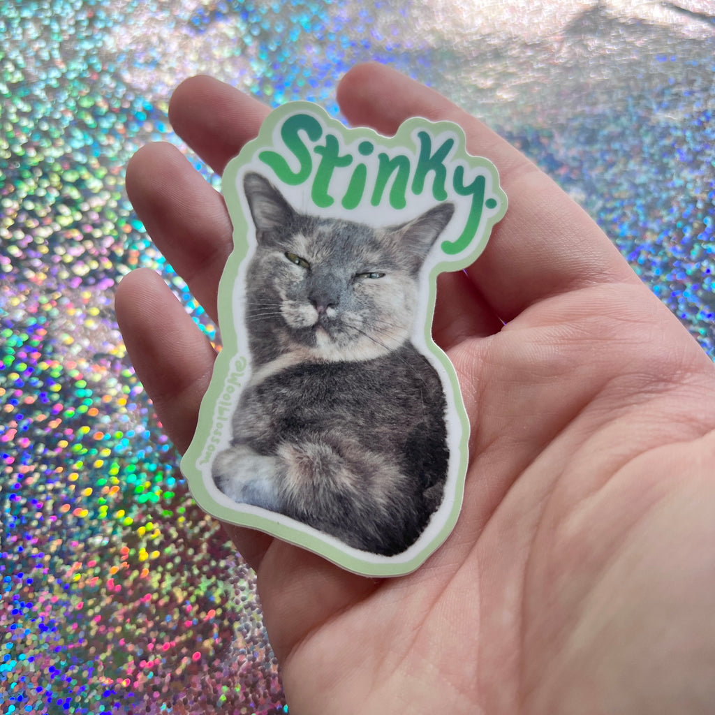 A sticker of chai my cat with text that says "stinky"