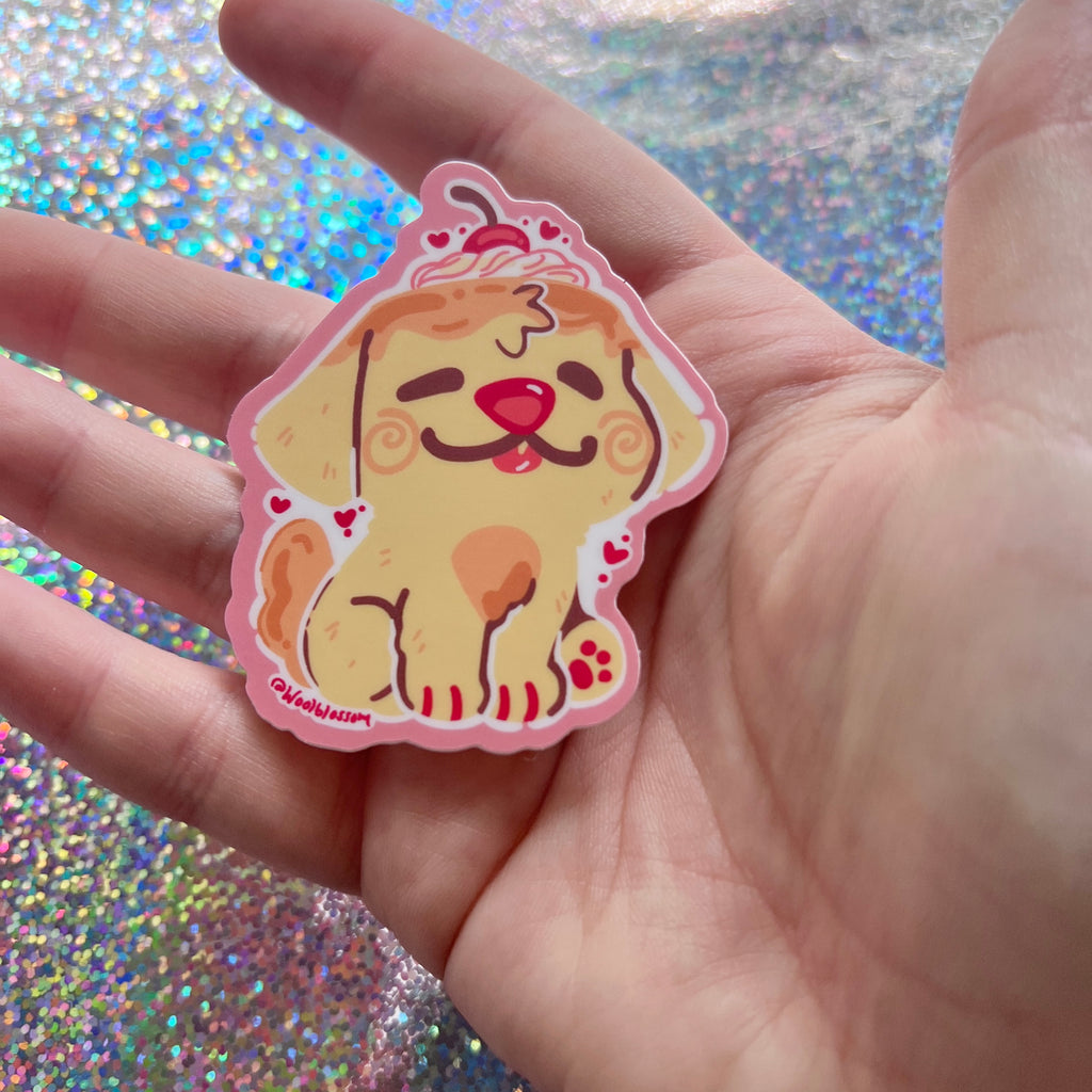 A sticker of a puppy that looks like a flan