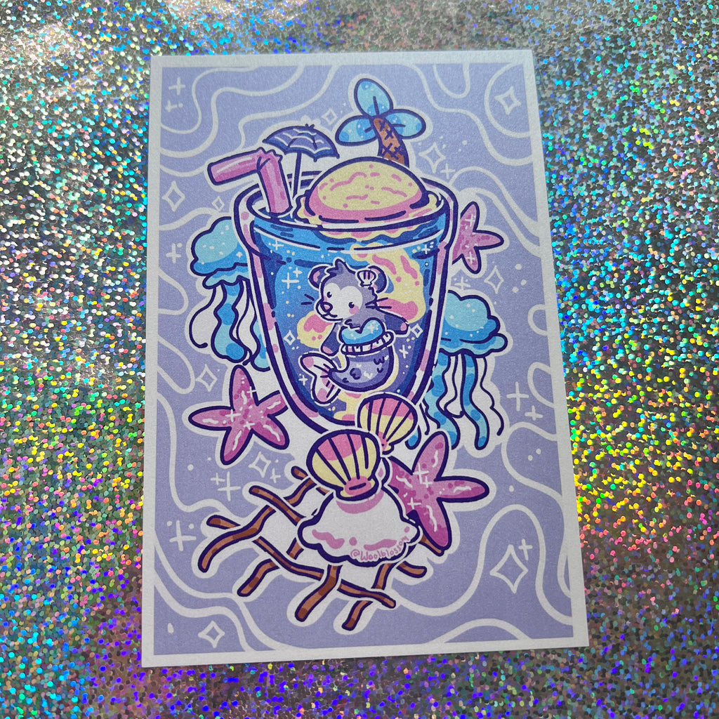 a print of a a mermaid opossum enjoying a swim in her favorite summer themed drink